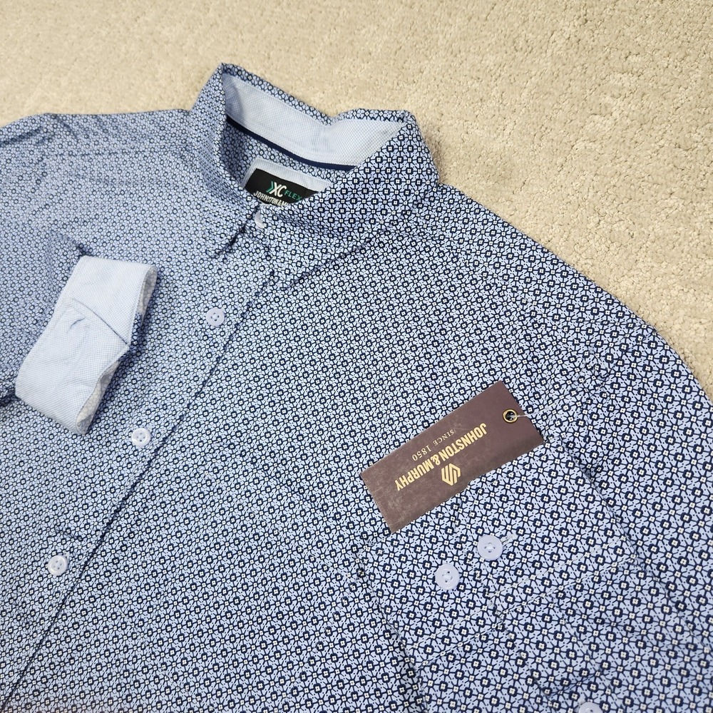 Johnston And Murphy XC Flex Shirt Men Medium Geometric Flip Cuff Stretch Blue